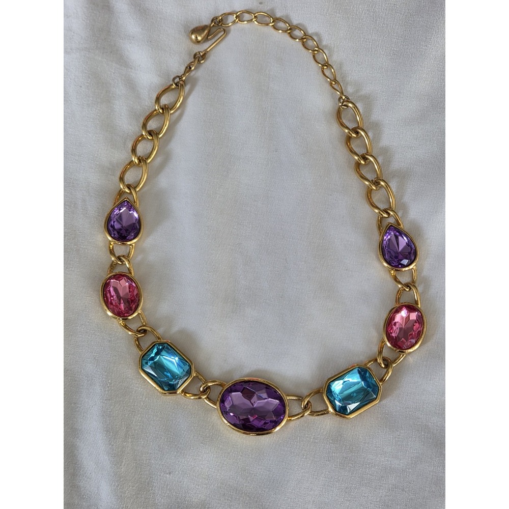 Vintage Trifari TM Signed Statement Necklace 1990s Gold Tone Multicolor Retro